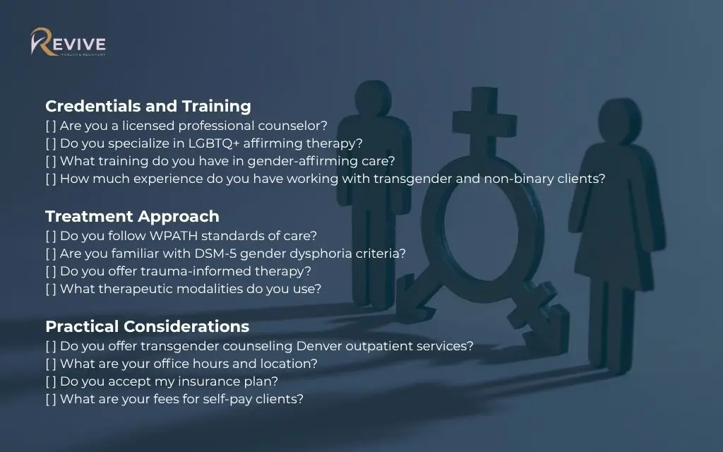 Mental health treatment for gender dysphoria: Checklist questions to ask potential therapists